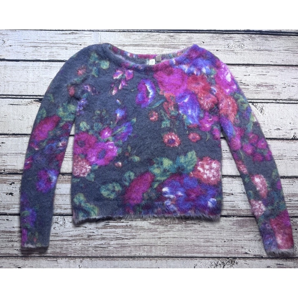 Meadow Rue by‎ Anthropologie Gray Pink Fuzzy Floral Long Sleeve Sweater Size XS